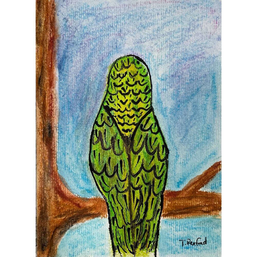 Hand painted watercolor original painting parrot bird tree sky